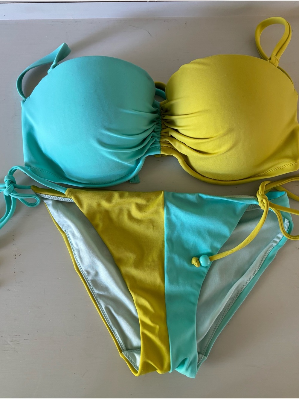 Victoria's Secret Yellow and Aqua Colorblock Bandeau Tie-Side Bikini